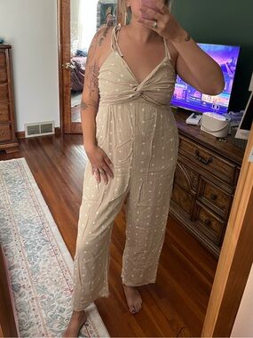 Old Navy Beige Polka Dot Tie-Shoulder Jumpsuit